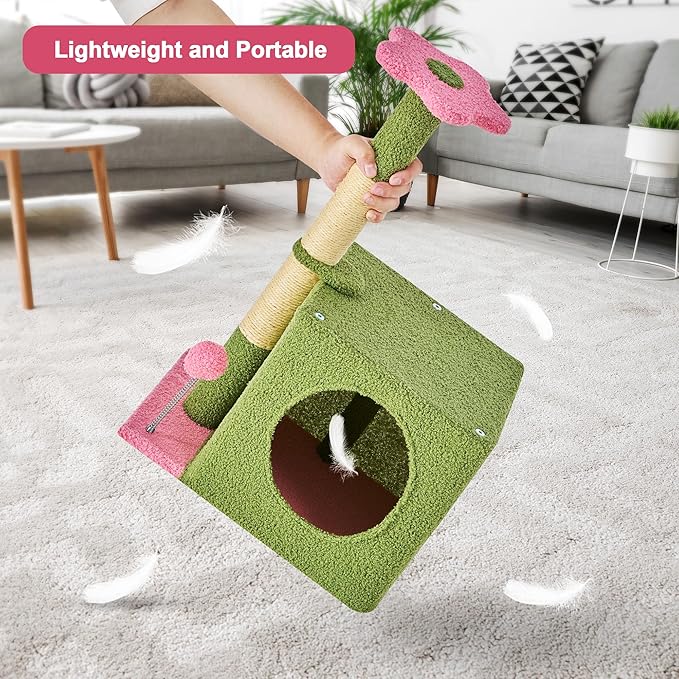 24 Inch Cat Tree Condo for Indoor Cats with Floral Sisal Scratching Post, Plush Hang Ball Play Furniture for Kittens Cats, Pink-PurrikoPets