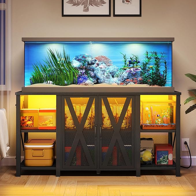 DWVO Reptile Tank Stand Aquarium Stand with Power Outlet & LED Light, 75/90/120 Gallon Terrarium Stand Cabinet - Heavy Duty Fish Tank Stand for Turtle Tank, Reptile Terrarium, 2000LBS Capacity, Black-PurrikoPets