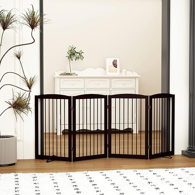 Freestanding Pet Gate for Dogs, Indoor Wooden Foldable Dog Gate for House, Doorway, Stair, 80 Inch Wide, 4 Panels 32",Brown-PurrikoPets