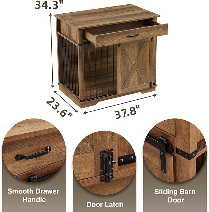 EDYO LIVING 38" Large Dog Crate Furniture with Sliding Barn Door, Wooden Dog Kennel with Drawer for Storage, Water Resistant Indoor Furniture Style Dog Crate for Small/Medium/Large Dog, Rustic Oak-PurrikoPets