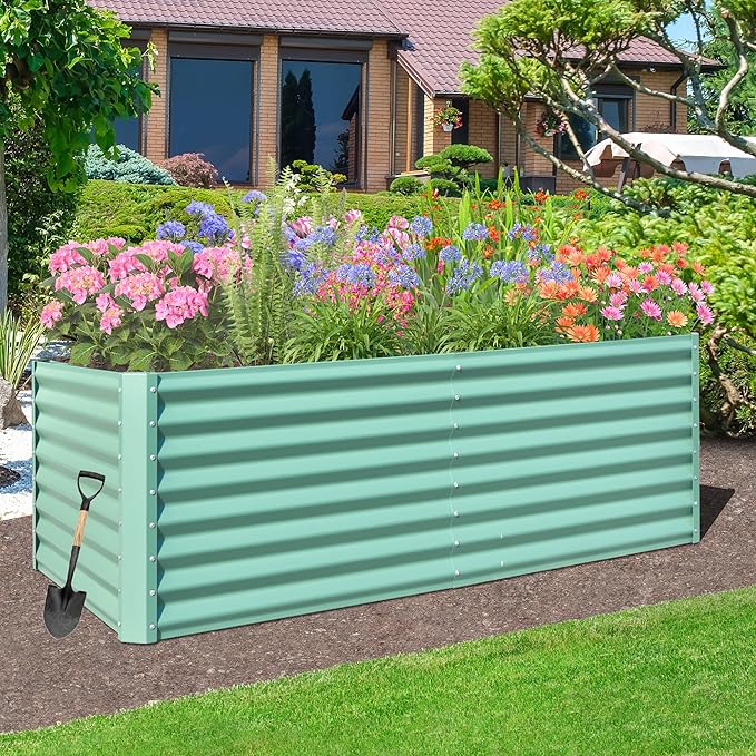 Domi Raised Garden Beds Outdoor, 6x3x2ft Thickening Tall Metal Rectangular Deep Root Box Planter for Vegetables, Flowers, Herbs, and Succulents 2" Deep w/ 256 Gallon Capacity - Green-PurrikoPets
