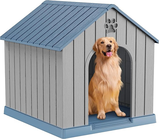 DRATO Indoor Outdoor Waterproof Dog House,PP Material,Puppy Shelter with Air Vents and Elevated Floor,Sturdy Dog Kennel for Small to Large Sized Dogs, Easy to Assemble (Blue, 38.62×36.26×38.07 Inches)-PurrikoPets