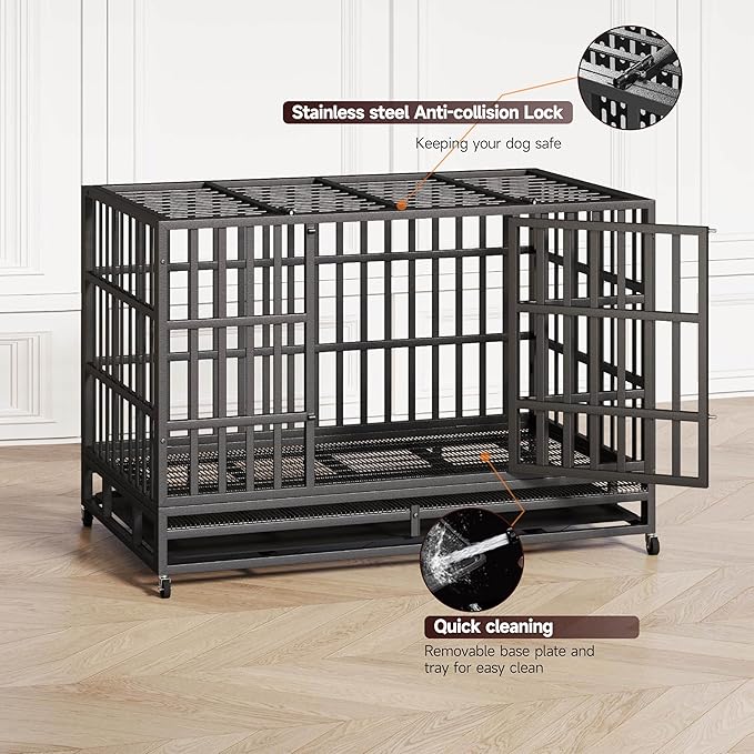 48 Inch Heavy Duty Indestructible Dog Crate Steel Escape Proof, High Anxiety Cage, Kennel with Wheels, Removable Tray, Extra Large XL XXL-PurrikoPets