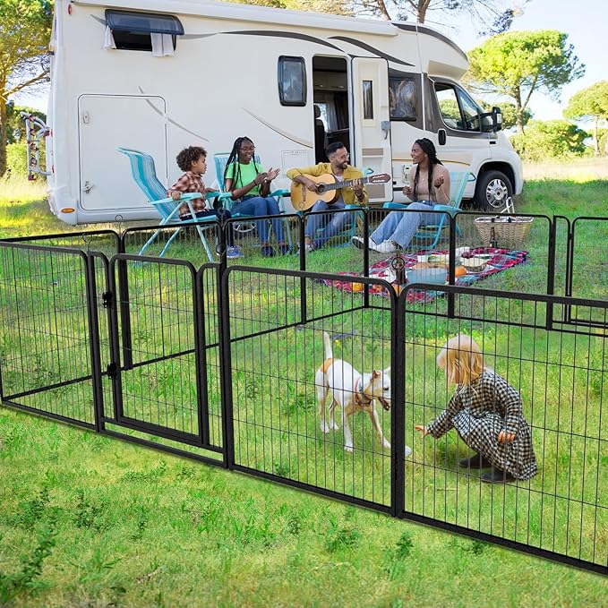 Dog Playpen Outdoor Extra Wide 12 Panels Heavy Duty Dog Fence 32" Height Anti-Rust with Doors Portable for RV Camping Yard, Total 32FT, 79 Sq.ft, Snowy Black-PurrikoPets
