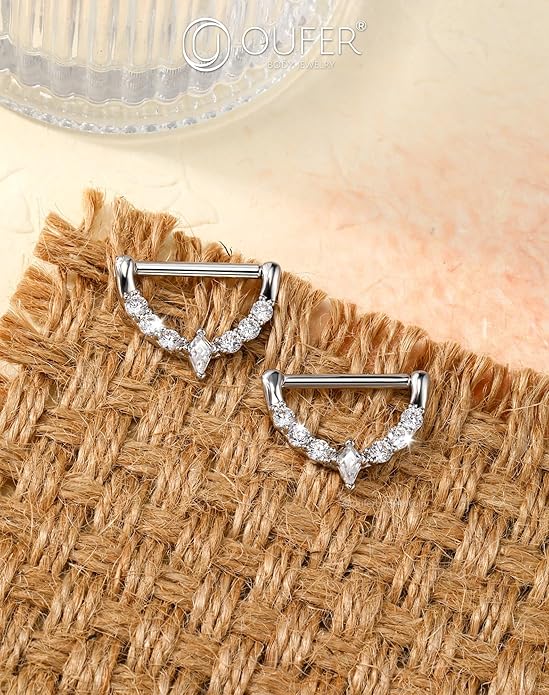OUFER 2PCS 14G Nipple Piercing Jewelry, 316l Surgical Steel Nipple Rings for Women Men, Clear CZ Hinged Segment Clicker Rings Hoops- Silver