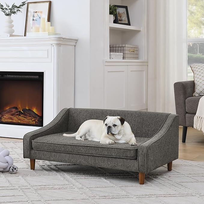 Dog Sofa Couch for Medium to Large Dogs, Durable Pet Sofa with Washable Fabric, Elevated Mini Dog Bed with Wooden Legs for Medium and Large Dogs, Dark Grey-PurrikoPets