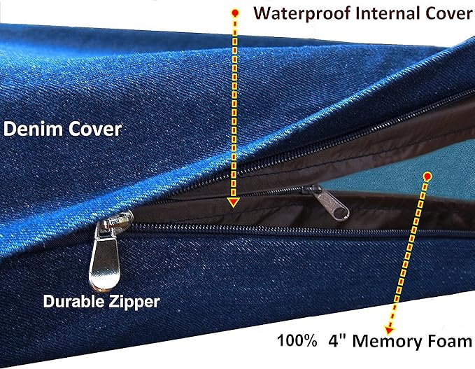 Dogbed4less Extra Large Orthopedic Memory Foam Dog Bed for Large Dogs with Durable Waterproof Internal Case, Removable Washable Denim Cover and Bonus Pet Bed Cover, 47X29X4 Fits 48X30 Dog Crate, Blue-PurrikoPets
