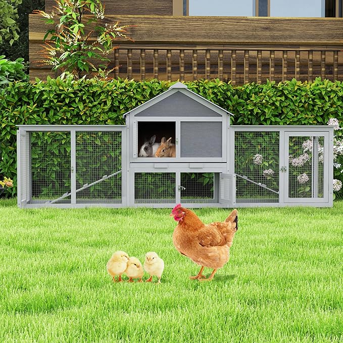 82.5” Large Wooden Rabbit Hutch Outdoor Easy to Assemble Rabbit Cage and Durable Bunny Hutch Indoor with Cleaning Tray & Waterproof Roof for Small and Medium Bunny Rabbit Chick (Grey)-PurrikoPets