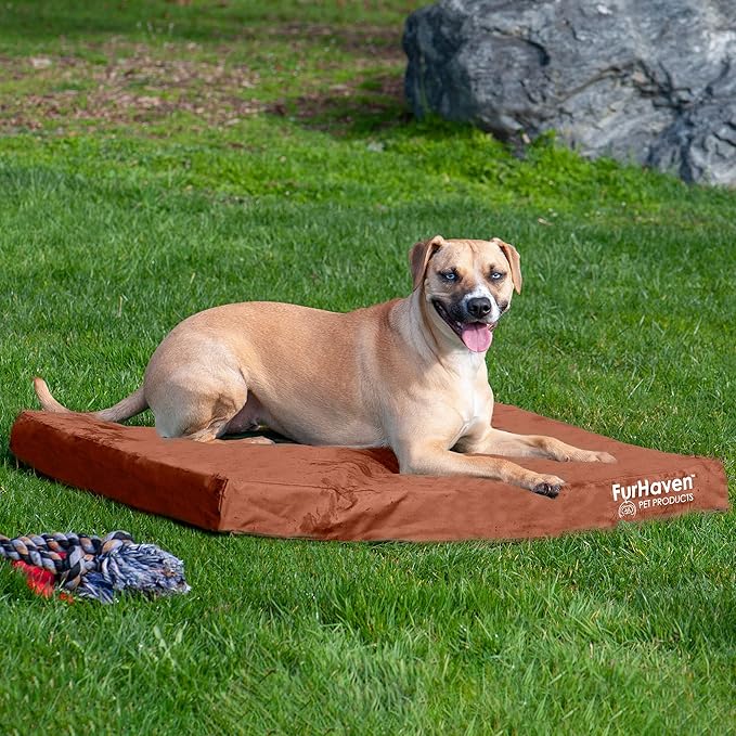 Furhaven Water-Resistant Cooling Gel Dog Bed for Large/Medium Dogs w/ Removable Washable Cover, For Dogs Up to 55 lbs - Indoor/Outdoor Logo Print Oxford Polycanvas Mattress - Chestnut, Large-PurrikoPets