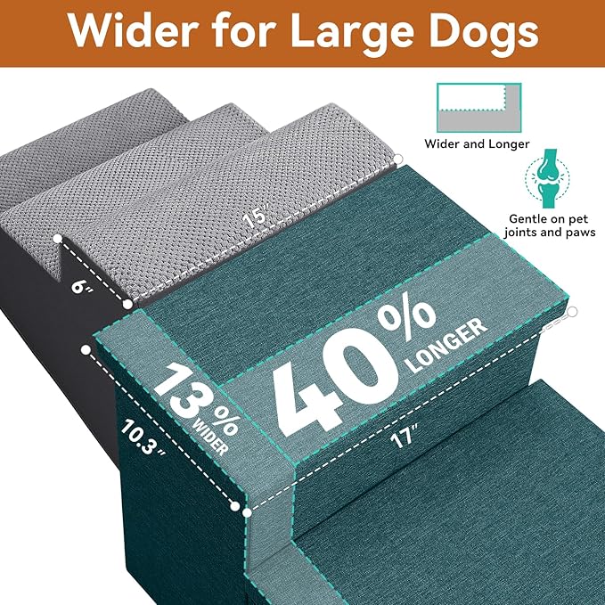 Dog Stairs with Storage 18" H, 3-Step Wider Dog Steps for Small/Medium/Large Old Dogs Cats, Folding Sturdy Pet Stairs for Climbing Bed Couch, Ramp for Car Hold Up to 200 lbs, Dark Green-PurrikoPets