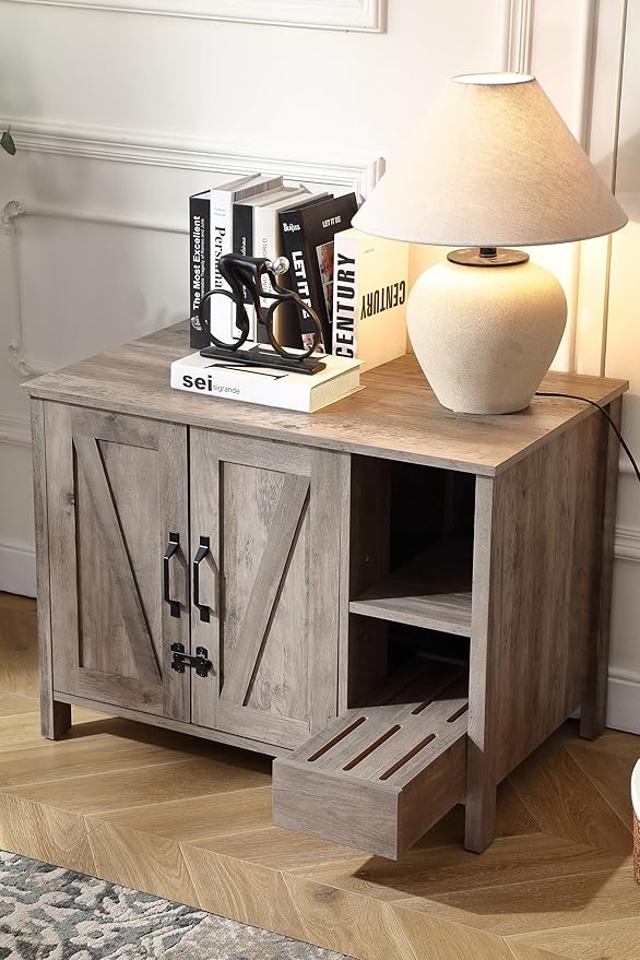 31.9'' Small Cat Litter Enclosure,Adjustable Shelf for Dog Proof and Storage,Locks Added for cat,Cat Litter Collector,Small Indoor Cat House,Grey-PurrikoPets