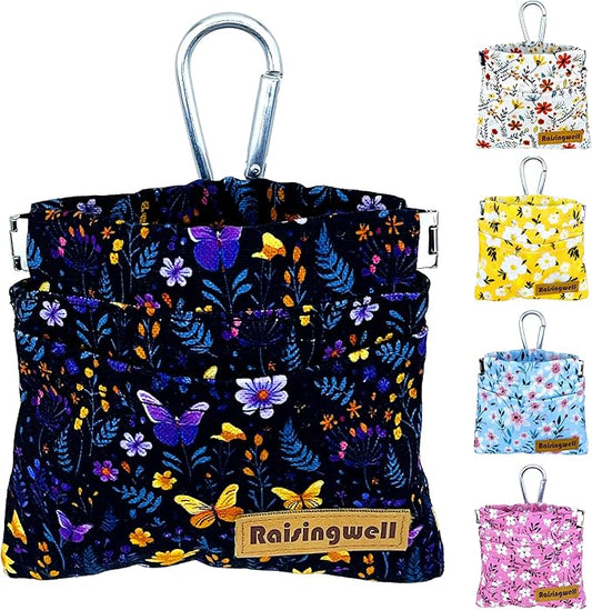 Dog Treat Pouch, Pocket Sized Pet Training Pouch, Cotton Fabric, Hand Free Purple Flower Dog Walking Bag with Carabiner, Self-Closing Pet Feed Snack Reward, for Puppy Travel or Outdoor Use-PurrikoPets