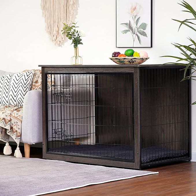 DWANTON Dog Crate Furniture with Cushion, Wooden Kennel Table with Double Doors, Indoor Dog House, Extra Large Size, 43.3" L, Dark Gray-PurrikoPets