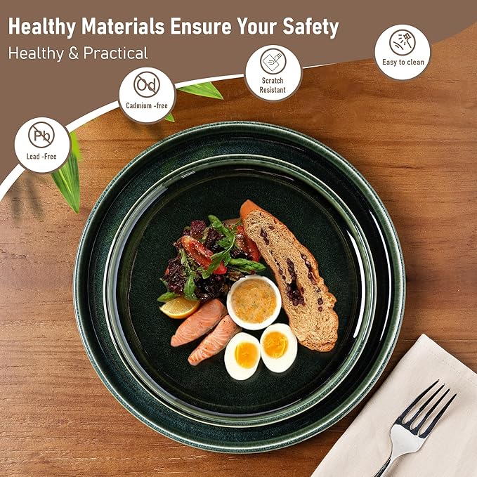 GBHOME Ceramic Dinnerware Sets for 6, 18 Pieces Stoneware Plates and Bowls Sets, Reactive Glaze Dishes -Scratch Resistant, Dishwasher&Microwave Safe, Earth Green-PurrikoPets