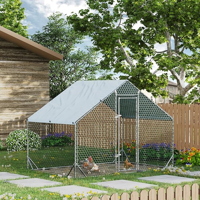 4ever2buy Large Metal Chicken Coop with Run Walk-in Poultry Cage Chicken Runs House Pen Cage Spire Roofed Chicken Coops with Anti-Ultraviolet Cover for Outdoor Backyard Farm Use 9.8’L x 6.6’W x 6.4’H-PurrikoPets