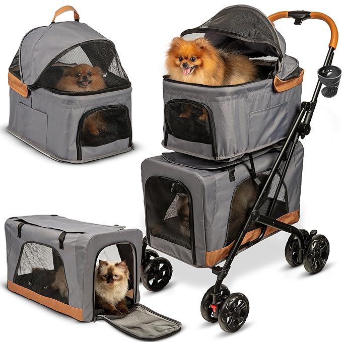 Double Pet Stroller with Detachable Carriers - Ideal for 2 Dogs or Cats - Compact & Convenient Design - Easy Assembly Double Dog Stroller - Graphite Gray-PurrikoPets