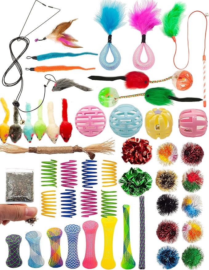 Fashion's Talk Cat Toys 50 Pcs for Indoor Cats,Interactive Door Hanging Mice Feather Toy Cat Spring Toy Cat Wand Catnip Crinkle Balls Silvervine Sticks Balls Kitten Toys Bulk-PurrikoPets