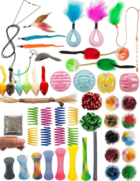 Fashion's Talk Cat Toys 50 Pcs for Indoor Cats,Interactive Door Hanging Mice Feather Toy Cat Spring Toy Cat Wand Catnip Crinkle Balls Silvervine Sticks Balls Kitten Toys Bulk-PurrikoPets