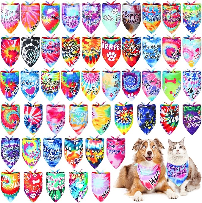 50 Pcs Tie Dye Dog Bandanas Bulk Pet Bibs Colorful Triangle Scarf Tie Dye with Sayings Pet Bandanas for Medium Large Dogs Spring Summer Birthday Costume Decor-PurrikoPets