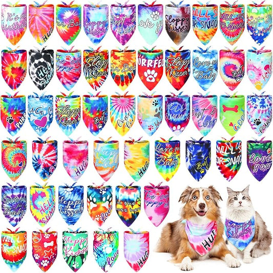 50 Pcs Tie Dye Dog Bandanas Bulk Pet Bibs Colorful Triangle Scarf Tie Dye with Sayings Pet Bandanas for Medium Large Dogs Spring Summer Birthday Costume Decor-PurrikoPets