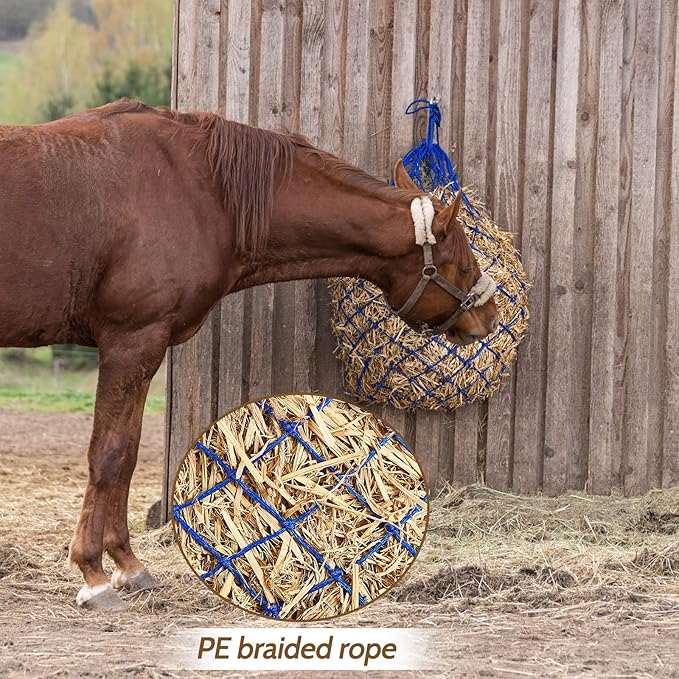 Fabbay 4 Pcs Slow Feed Hay Net Feeder Hay Bag for Horses Slow Feeder 40 Inch Length with 2 Inch Holes Hanging Horse Feed Net for Goat Cattle Equine Stalls Barn Supplies(Blue)-PurrikoPets