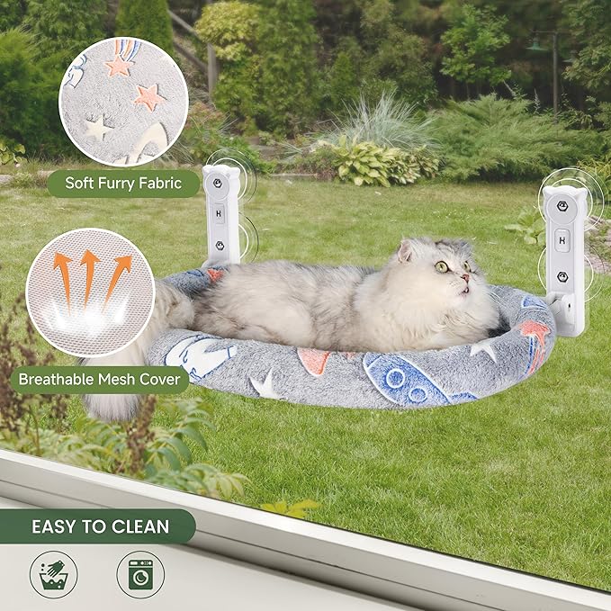 2 Pack Cat Window Perch, Glow in The Dark Foldable Cat Hammock with Cozy Pad Bed, Breathable Cordless Window Seat with Stud Metal Frame for Large Cats and Kitten (Cushion Bed, 2 Pack - L)-PurrikoPets