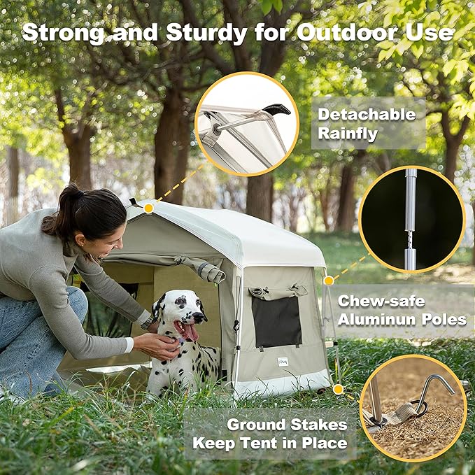 Dog Tent Cotton Fabric, Aluminum Poles and Camping Mat, Outdoor Weatherproof, Dog House Outdoor, Breathable with 2 Side Windows, Portable and Collapsible (Gray, Large)-PurrikoPets