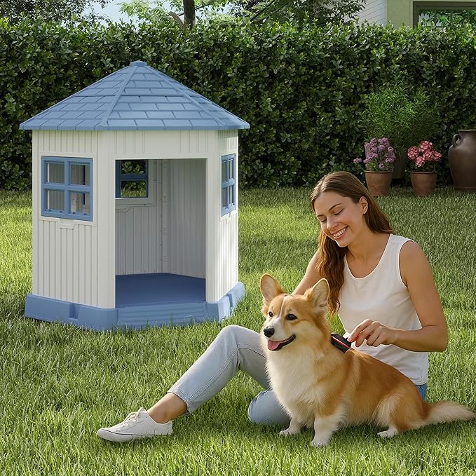DRATO Dog House Indoor Outdoor Durable Large Dog Shelter with Outside Dog Kennel with Window and Elevated Floor for Small Medium Dogs (Blue, 34.8 * 30.51 * 36.89)-PurrikoPets
