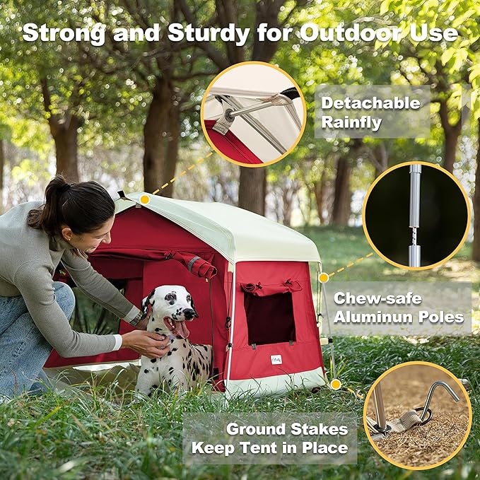 Dog Tent Cotton Fabric, Aluminum Poles and Camping Mat, Outdoor Weatherproof, Dog House Outdoor, Breathable with 2 Side Windows, Portable and Collapsible (Red, Large)-PurrikoPets