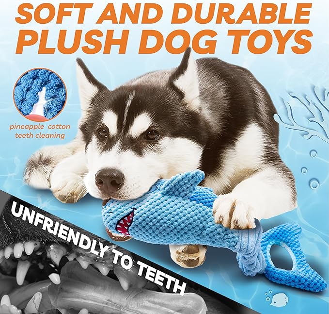 Dog Toys for Large Dogs, Squeaky Dog Toys for Aggressive Chewers, Plush Dog Chew Toys for Teething, Interactive Shark Dog Toys to Keep Them Busy Tug Of War Puppy Toys for Small,Medium,Large Breeds-PurrikoPets