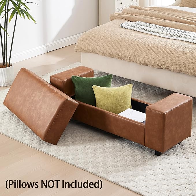 55" End of Bed Storage Bench Ottoman for Bedroom, Faux Leather Upholstered Entryway Bench Long Window Seating for Corner/Living Room/Recption Room/Office/Shop, Brown-PurrikoPets