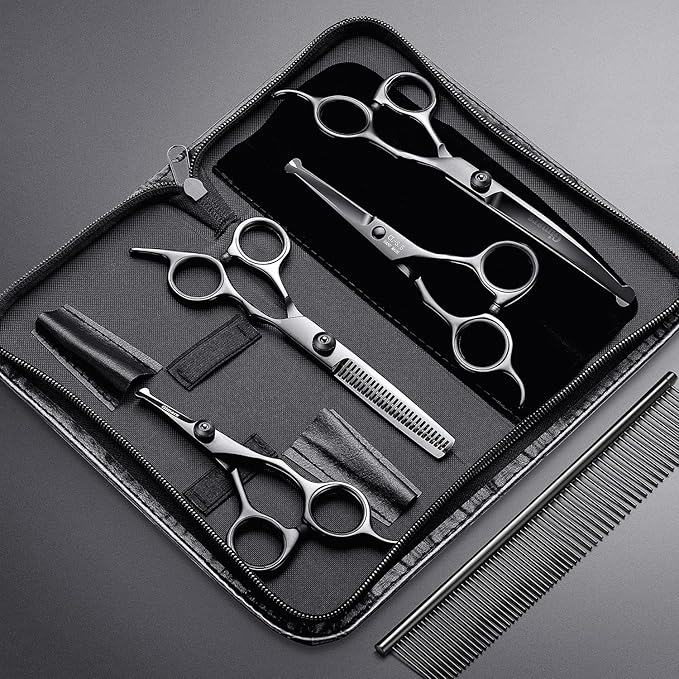 Gimars 7inch Professional 4CR Stainless Steel 6 in 1 Grooming Scissors for Dogs with Safety Round Tip, Heavy Duty Titanium Coated Pet Grooming Scissor for Dogs, Cats and Other Animals-PurrikoPets