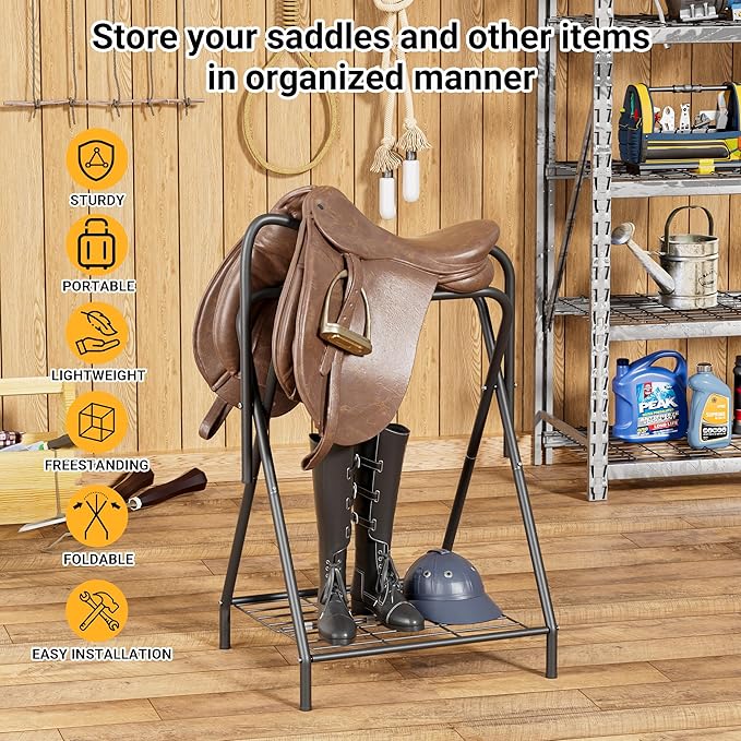 Dunatou Saddle Rack Freestanding Saddle Stand Foldable Horse Saddle Storage Rack Full Size Saddle Pad Rack Horse Blanket Holder Heavy Duty Saddle Holder for English and Western Horse Saddles, Black-PurrikoPets
