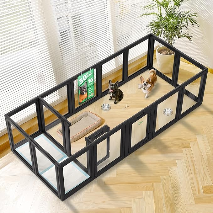 FXW AuraSpace Acrylic Indoor Unleashed Dog Playpen for Small and Medium Dogs, 30 Inch, 16 Panels, Black-PurrikoPets