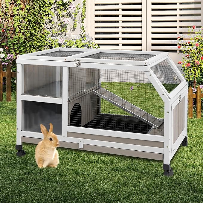 36''L Rabbit Hutch Outdoor with Casters and Run, Wooden Indoor 2 Story Guinea Pig Cage with Divider Panel, Pull Out Tray, Rabbit Duck Bunny House for Small to Medium Animals and Pet Lover, Gray-PurrikoPets