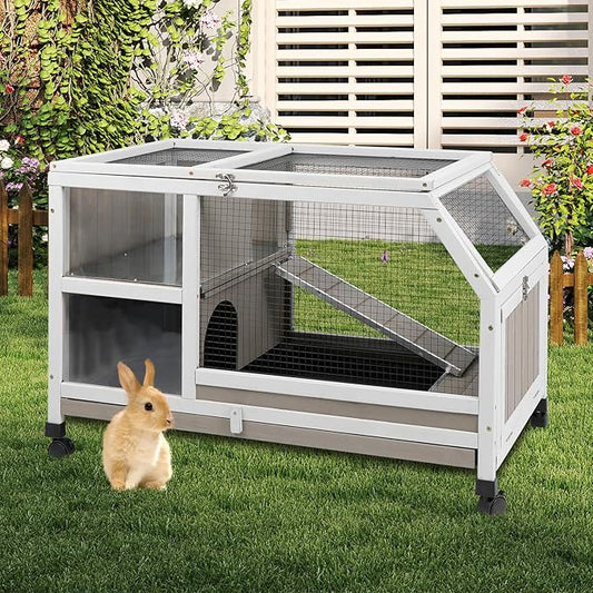 36''L Rabbit Hutch Outdoor with Casters and Run, Wooden Indoor 2 Story Guinea Pig Cage with Divider Panel, Pull Out Tray, Rabbit Duck Bunny House for Small to Medium Animals and Pet Lover, Gray-PurrikoPets