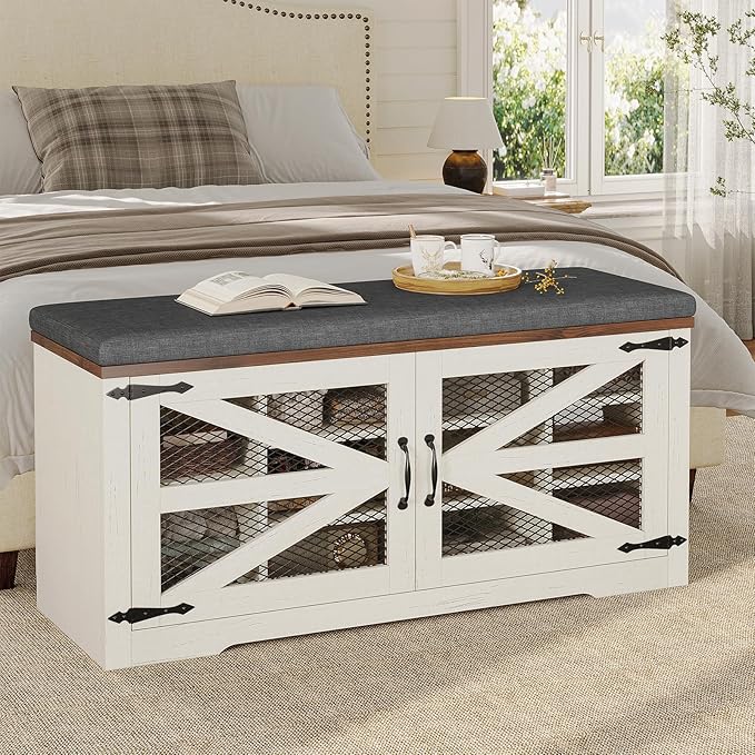 Farmhouse Storage Bench with Cushion, Metal and Wood Shoe Rack Organizer, Adjustable Shelf, Shoe Cabinet with Half Hidden Storage Space, for Entryway, Bedroom, Living Room (Old White, 43.3in)-PurrikoPets