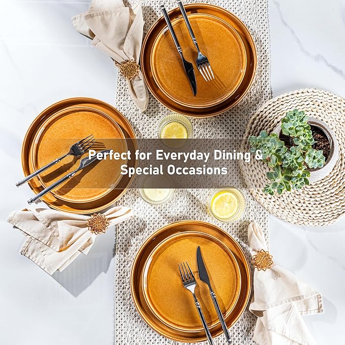 GBHOME Ceramic Dinnerware Sets for 4, 12 Pieces Stoneware Plates and Bowls Sets, Scratch Resistant Dishes, Dishwasher & Microwave Safe, Reactive Glaze-Amber-PurrikoPets