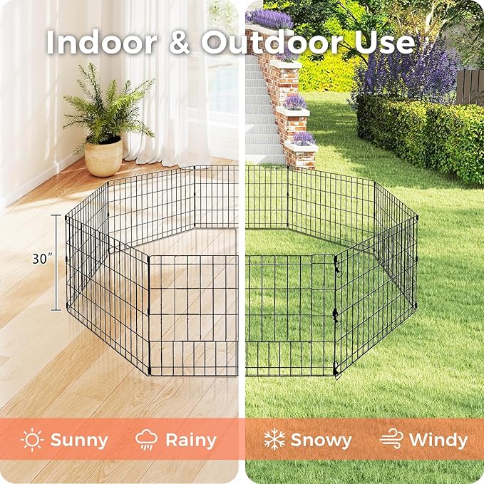 Foldable Dog Playpen 30" Height 8 Panels Metal Exercise Pen No Door - Indoor/Outdoor Puppy Playpen for Small Dogs, Portable Pet Fence for Yard Garden Camping, Black-PurrikoPets