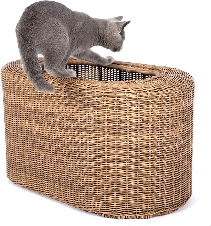 Fun Stackable Wicker Cat Hideaway House - Interactive Play Rattan Cat House for Indoor Cats Kitty, Pet Friendly Top/Side House Entry, Cat Bed Enclosed-PurrikoPets