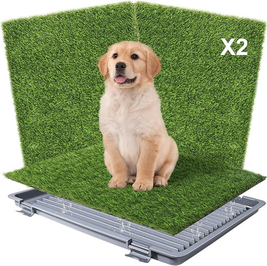 Dog Grass Pad with Tray: 2 Pack Grass Pee Pads for Dogs Potty for Puppy Training, 22"x18" Artificial Turf for Dogs with Collection Tray for Indoor /Outdoor /Patio /Balcony, Grey-PurrikoPets