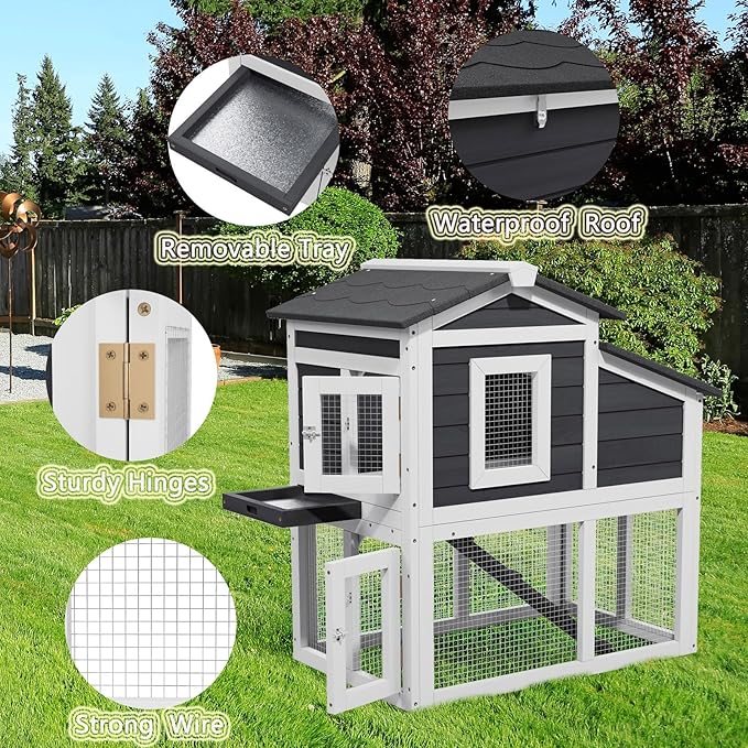 2 Story Rabbit Cage, Weatherproof Rabbit Hutch Indoor & Outdoor, Wooden Guinea Pig Cages with Removable Tray Openable Roof for Small to Medium Animals-PurrikoPets