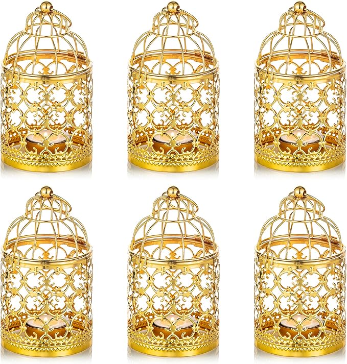 6 Pcs Small Metal Tealight Hanging Birdcage Lantern, Vintage Decorative Centerpieces of Wedding, Party, Gold-PurrikoPets