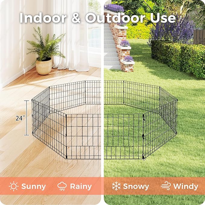 Foldable Dog Playpen 24" Height 8 Panels Metal Exercise Pen No Door - Indoor/Outdoor Puppy Playpen for Small Dogs, Portable Pet Fence for Yard Garden Camping, Black-PurrikoPets