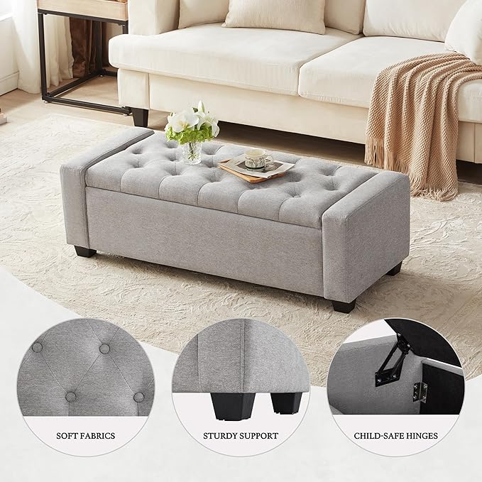 48" Ottoman with Storage, Storage Ottoman Bench with Safety Hinge, Upholstered Entryway Bench with Seating for Bedroom, Living Room, Holds up to 330 lb(Light Gray)-PurrikoPets