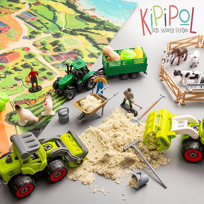 59 PCS Farm Sensory Bin Sandbox with Lid, 2.2 LB Sensory Sand, 40 Toddler Farm Toys, 3 Take Apart Construction Trucks -Sensory Toys for Kids 5-7, 3-4 & Up- Kids Gifts for Boys and Girls-PurrikoPets