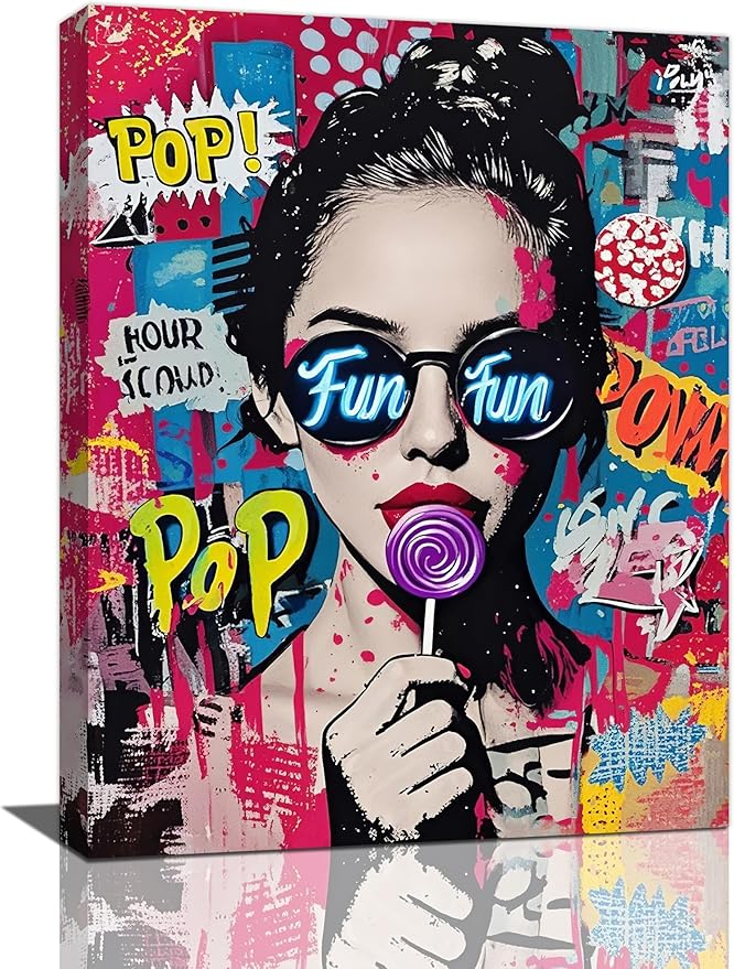 Fashion Women Wall Art Glam Modern Artwork for Girls Banksy Street Graffiti Pop Art Canvas Pictures Painting Print Framed Decorations Gifts for Bedroom Living Room Office 12"x16"-PurrikoPets