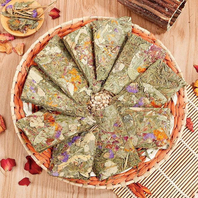 Abizoo Rabbit Natural Treats,10Pcs Timothy Hay Toys Chips Bunny chew Toys with Herbal Flowers Guinea Pig Treats for Hamster Chinchillas Gerbils Rats Small Animals Teeth Care Crisp Snacks-PurrikoPets