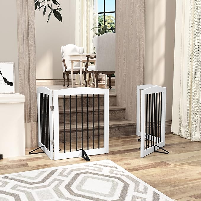 Freestanding Pet Gate for Dogs, Foldable Wooden Dog Gate for House, Indoor Pet Barrier for Stairs, Doorways, Support Feet Included, 24" Height 2 Panels, White-PurrikoPets