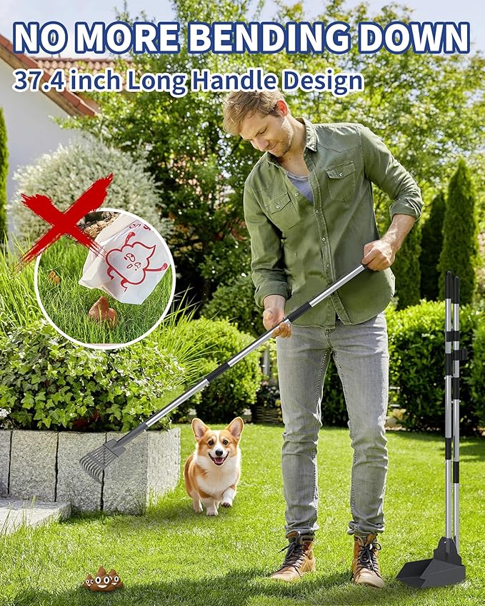 Dog Pooper Scooper Set, Stainless Metal Tray Rake Spade 3 Pack, Long Handle Pet Waste Scooper for Large Medium Small Dogs, Heavy Duty Poop Scooper for Yard, Grass, Dirt or Gravel-PurrikoPets
